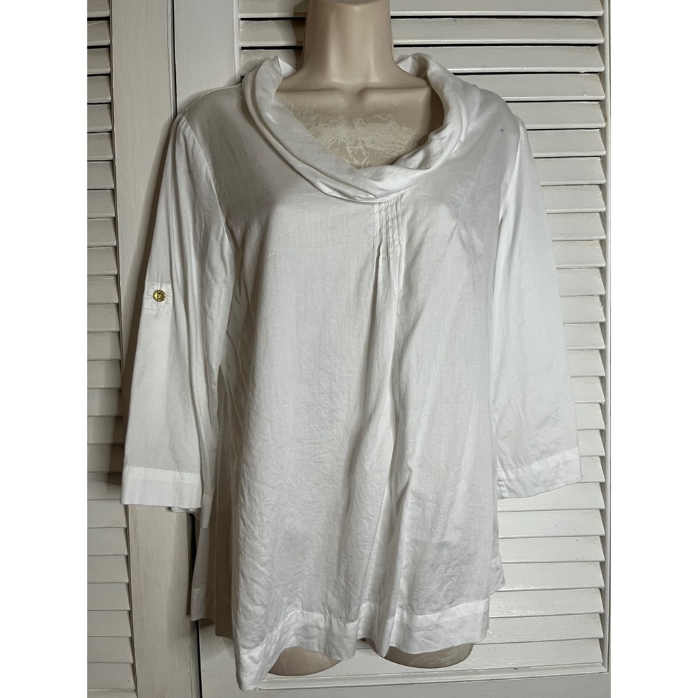 Soft Surroundings White Cotton Cowl Neck Pintuck Tunic Top 3/4 Sleeve XS